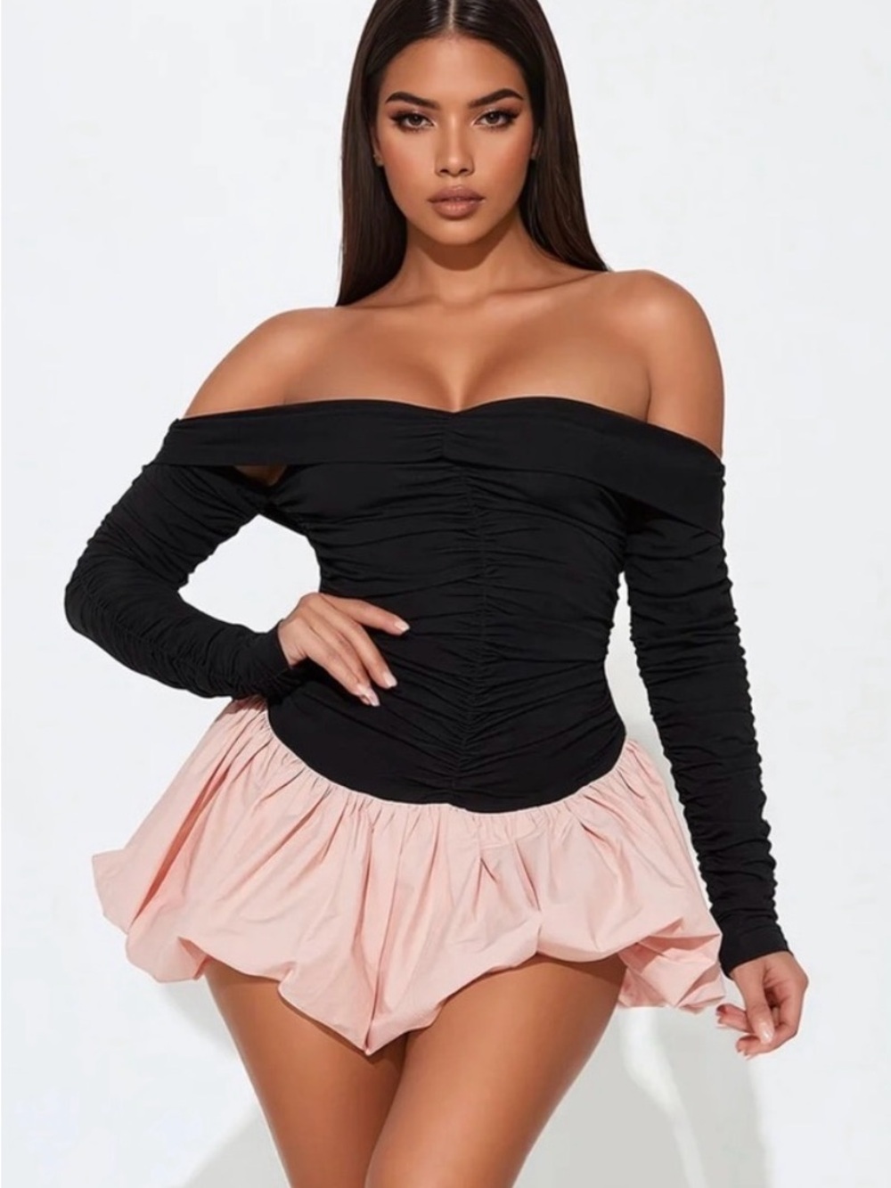 NWT Fashion Nova Black Ruched Off Shoulder Bubble Mini Dress Size S